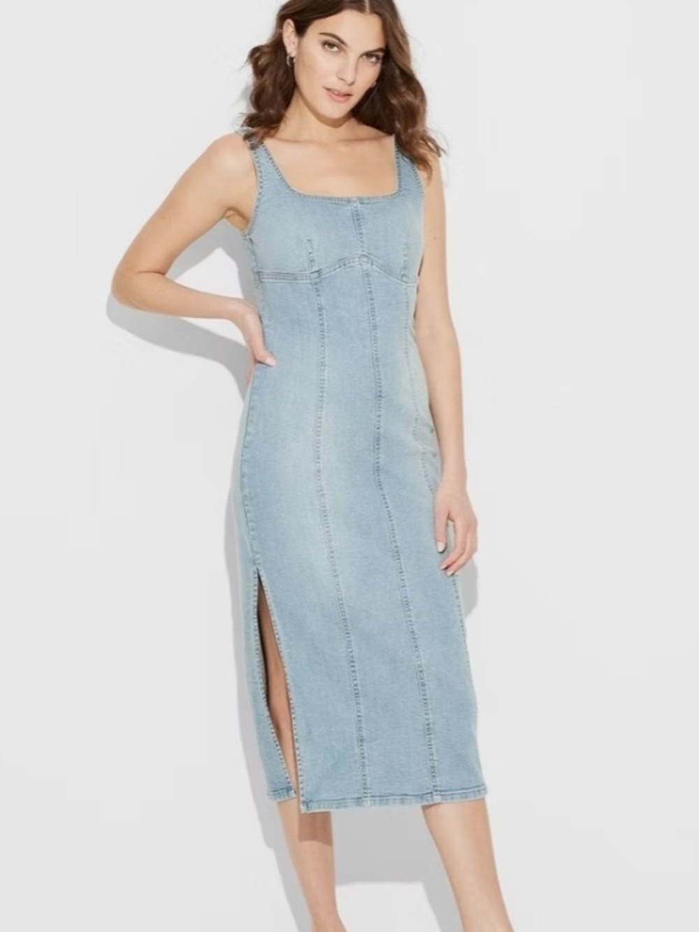 Light Wash Denim Midi Dress with Side Slit